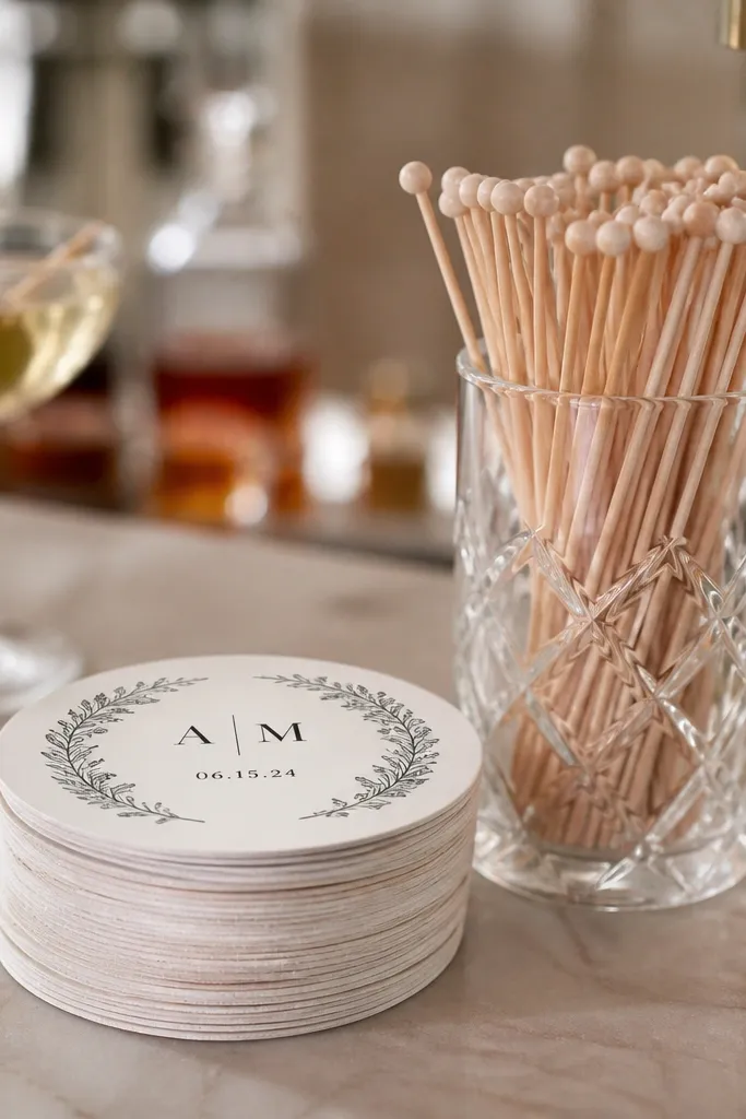 Round coasters with custom printed designs. Each has a cream background with a small monogram and date in black. The coasters are placed in a stack next to a clear jar of stir sticks on a bar table.