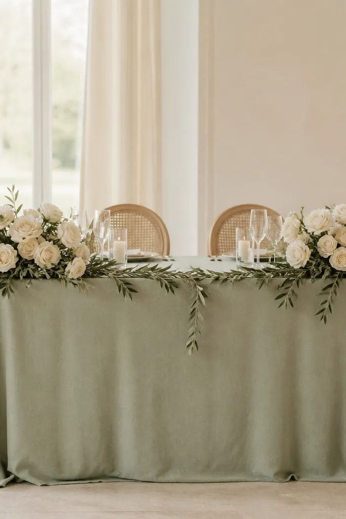 A sage linen sweetheart table with cream roses clustered at both ends. A thin olive leaf garland runs along the front edge, with small sprigs trailing toward the center.