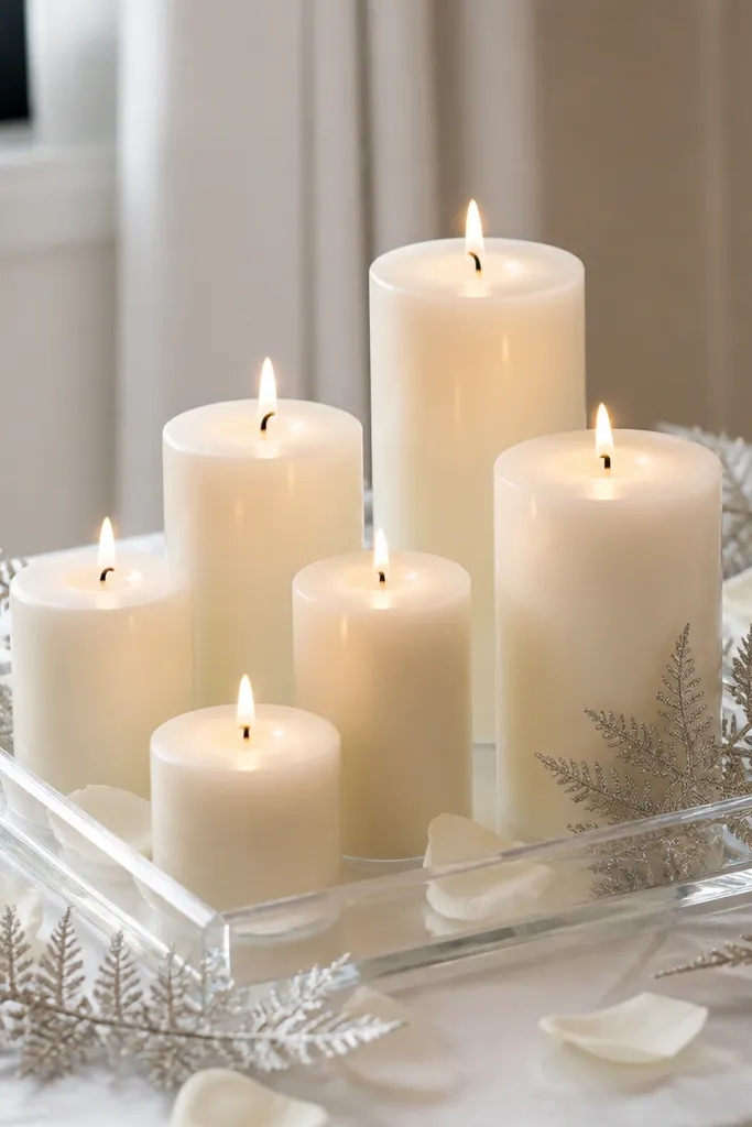 A white table with clear acrylic trays holding pillar candles. Silver-toned fern sprigs sit around the tray edges, with a few scattered white petals.