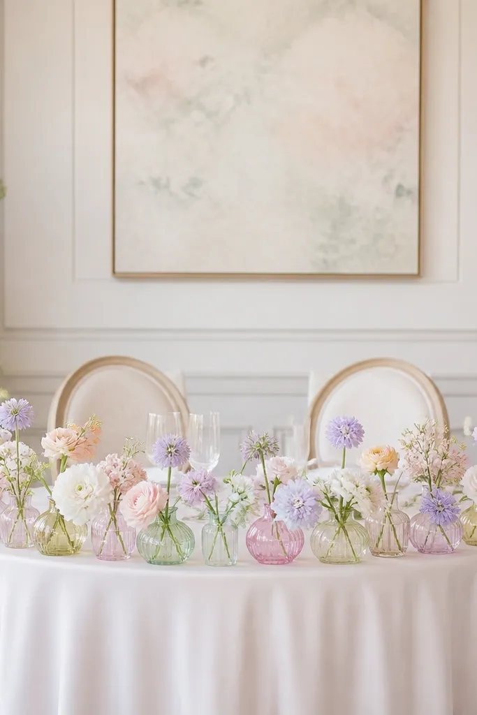 A sweetheart table with a single low floral bar across the front. Bud vases line the bar in pastel colors - blush, lavender, mint, and pale yellow - with small flowers in each.