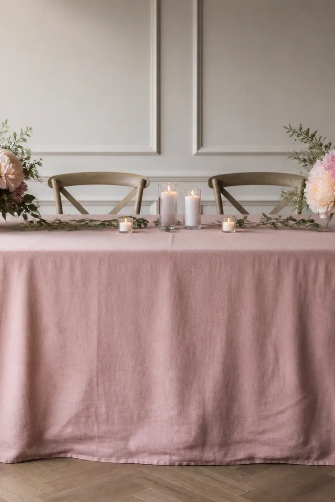Dusty blush linen tablecloth with two large peony-like artificial or fresh blooms at each end. The center is mostly empty except for small greenery sprigs and a few candles.