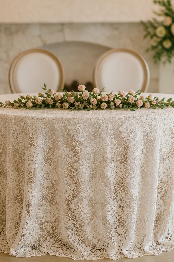 A lace overlay draped over the sweetheart table with a garland of tiny rose buds running along the center. Two small glass candle cups sit at the ends.