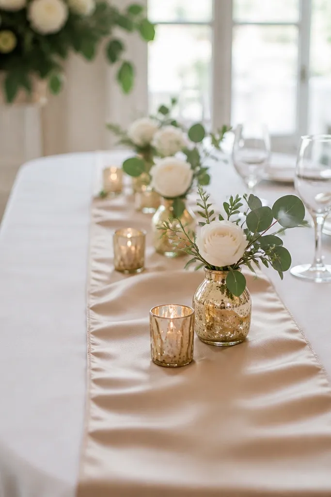 A champagne satin runner down the middle of the sweetheart table. Gold mercury glass bud vases sit at equal intervals, each with a small flower head and greenery.