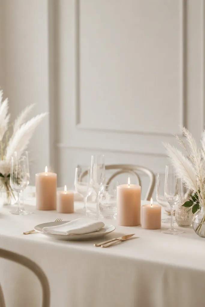 A clean ivory table with a few soft blush candles. A small spray of white-feather-like stems sits at each end, with minimal greenery and no heavy center arrangement.