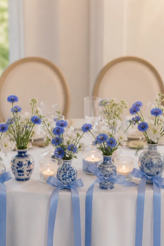 A sweetheart table styled with blue-and-white porcelain bud vases. Cornflower-blue sprigs and small white flowers fill the vases, with blue ribbon bows at the vase bases.
