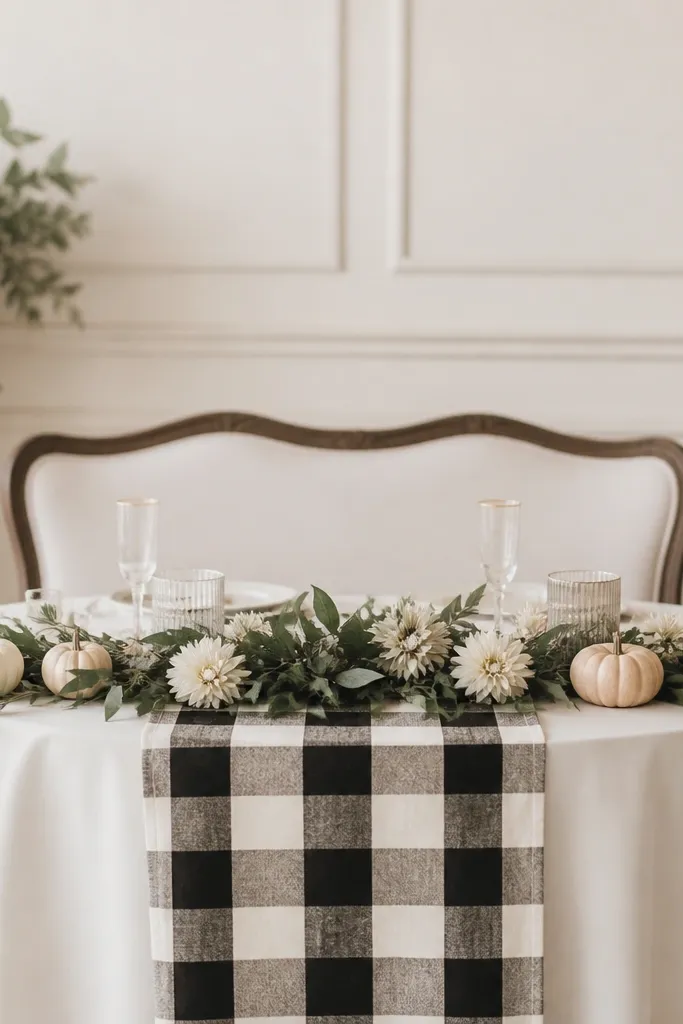 A black-and-cream check runner on a sweetheart table with neutral greenery draped lightly. Mini pumpkins sit near the ends and a few small cream flowers are tucked in.