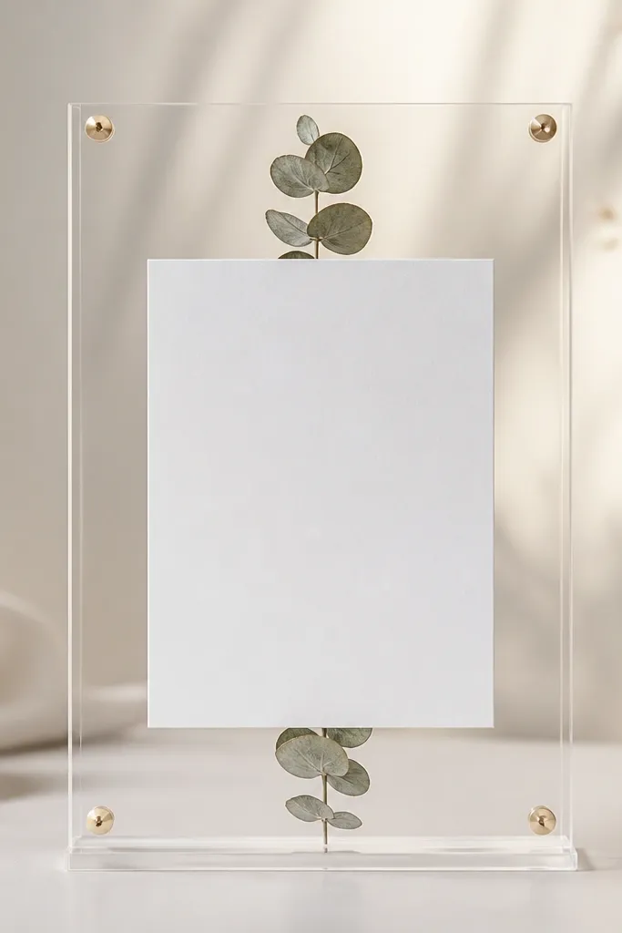 A clear acrylic wedding card frame; a dried eucalyptus strip runs vertically behind the card, and the card sits centered with minimal decoration.