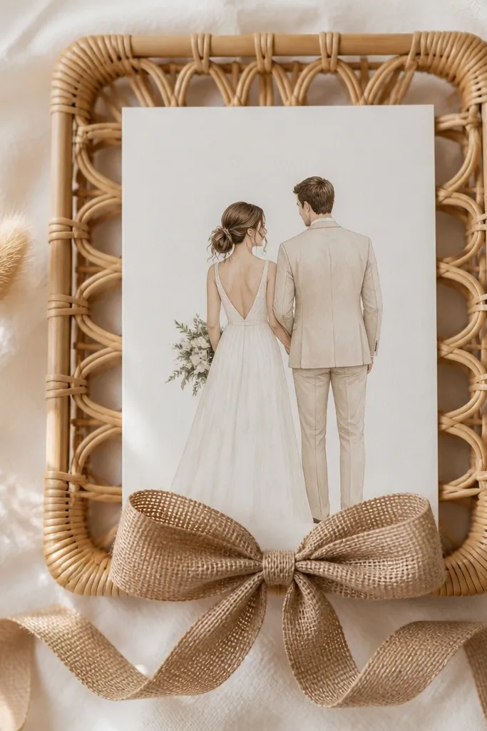 A natural rattan or wicker-style frame holding a wedding card; a woven jute bow sits below the card, with loose ends curling slightly.