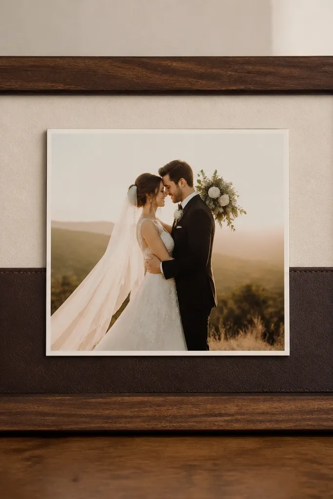 A walnut-stained wood frame with a dark brown faux leather strip running horizontally behind the wedding card; the card sits above the strip with a clean border.