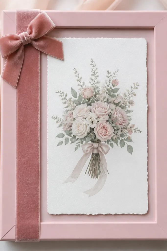 A blush pink frame holding a wedding card; a vertical velvet ribbon panel sits along the left side, and a small bow is attached near the top corner.