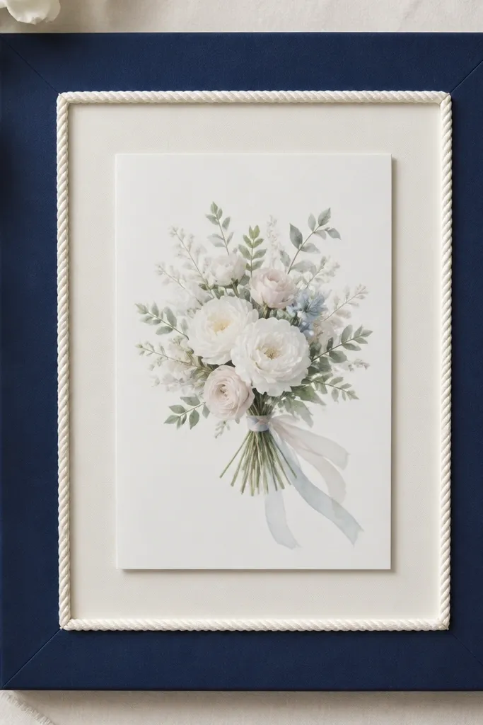 A navy blue frame holding a wedding card; a thin white rope is glued in a square border around the inner mat, with soft shadows.