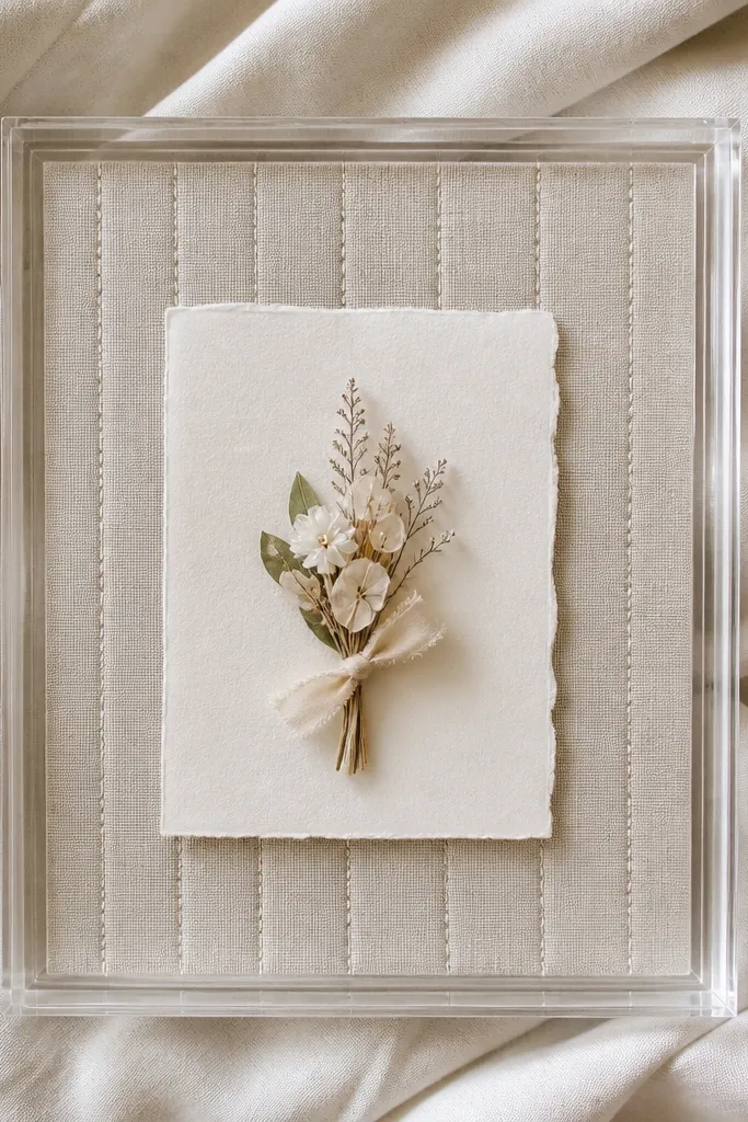 A clear glass frame with a fabric backing inside; the fabric has visible stitching in a straight line pattern, and the wedding card sits centered on top.
