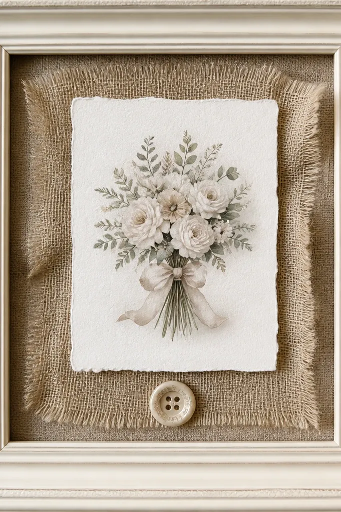 A cream frame holding a wedding card; burlap fabric sits behind the card, and a single vintage-style button is centered below the card.