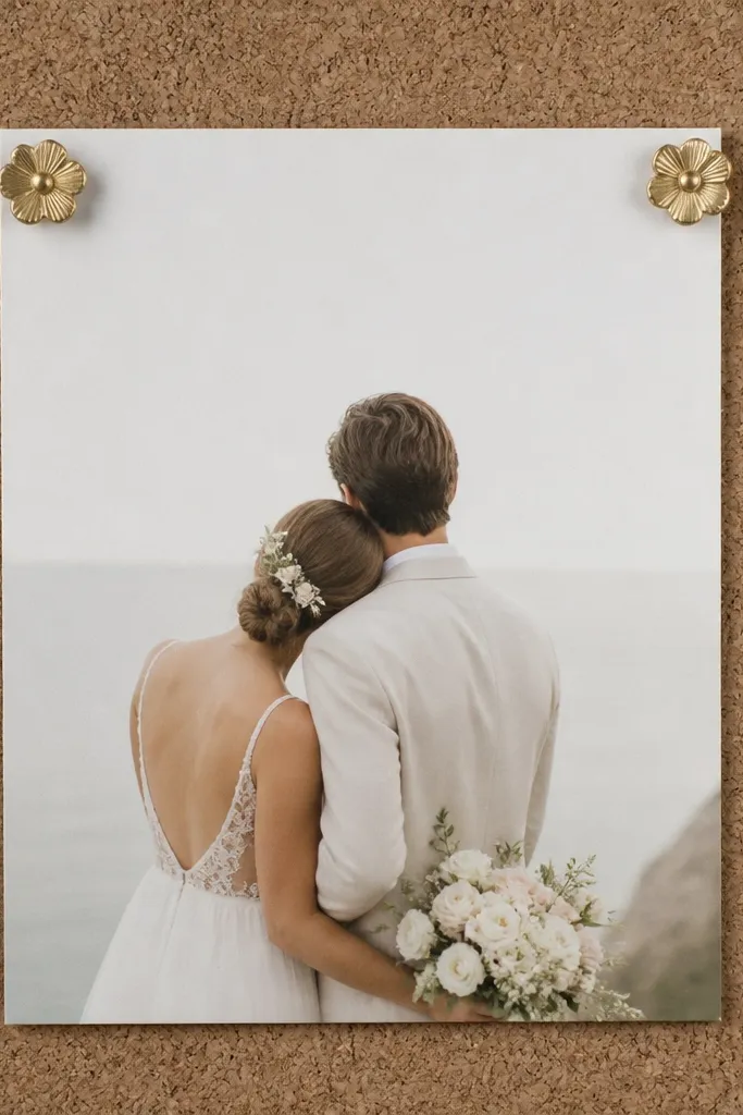 A corkboard-style frame holding a wedding card; two decorative pins hold the card at top corners, and the cork texture surrounds it.