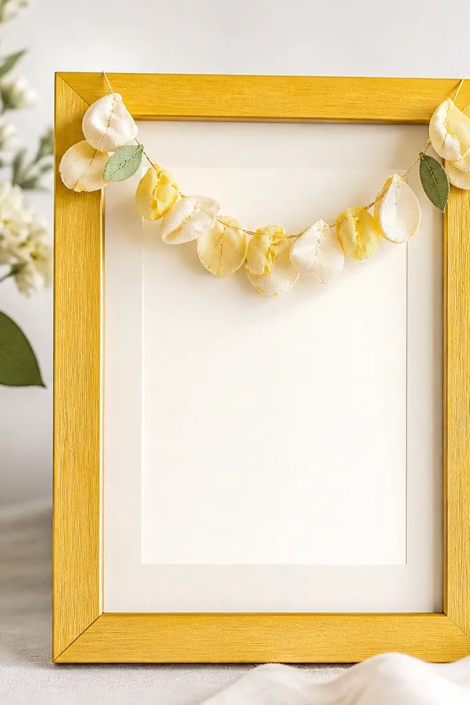 A sunflower yellow frame holding a wedding card; a small garland of fabric petals curves above the card, with a tiny green leaf detail.