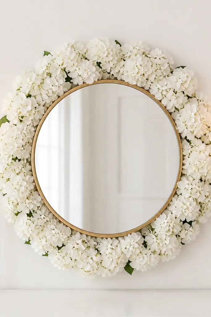 A round mirror centered on a white backdrop. A halo of faux white hydrangeas surrounds the mirror like a wreath. Two warm LED candle sticks sit on each side of the mirror, casting a gentle glow.