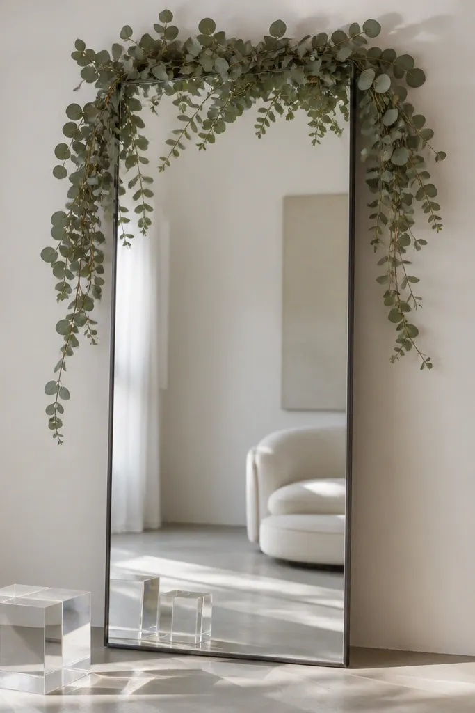 A tall rectangular mirror with a thin frame. Fresh eucalyptus sprigs drape across the top and lightly down the sides. Two clear acrylic blocks sit on the floor in front, catching light.
