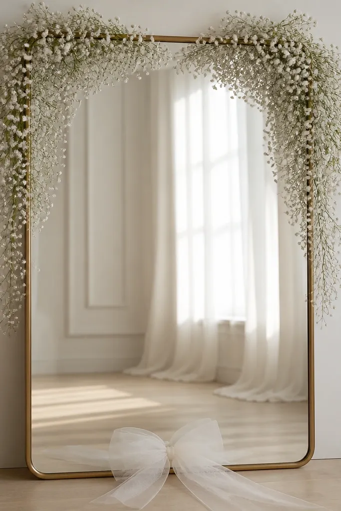 A large mirror panel with a simple frame. Baby's breath strands cascade from the top corners toward the center. A single white tulle bow sits at the bottom center of the mirror frame.
