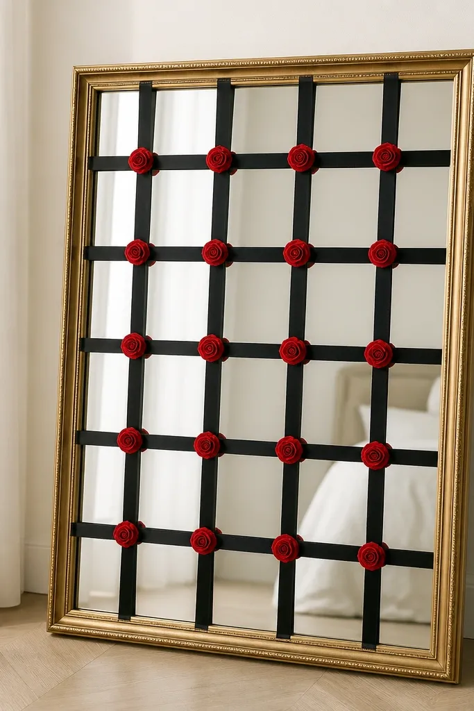 A gold-framed mirror with a black ribbon grid taped across the back. Mini red roses are pinned at the ribbon intersections. The ribbon forms a neat square pattern around the mirror.