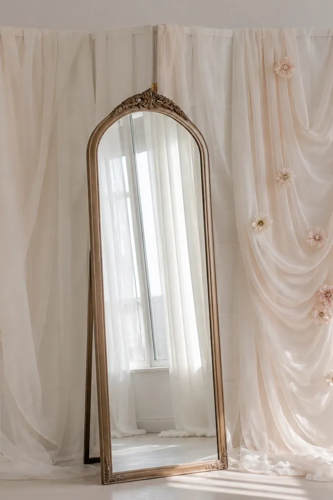 A white folding screen placed behind a mirror. Sheer chiffon panels hang in layers from the screen, with soft folds. Small silk flowers are scattered along one side.