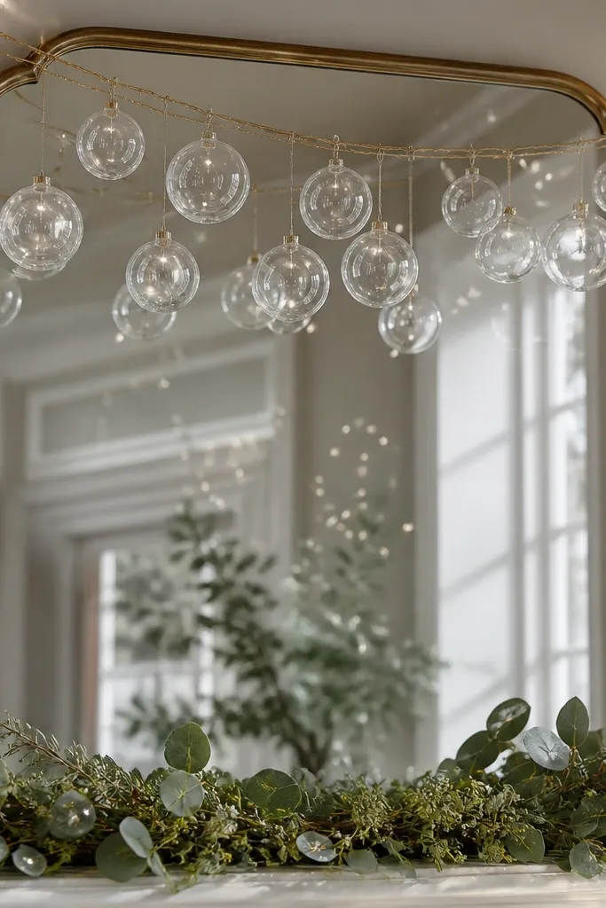 A mirror with a garland of clear glass orbs hanging above and slightly in front of it. Sage-green greenery is tucked into the base. The orbs catch light and create small reflections across the mirror.