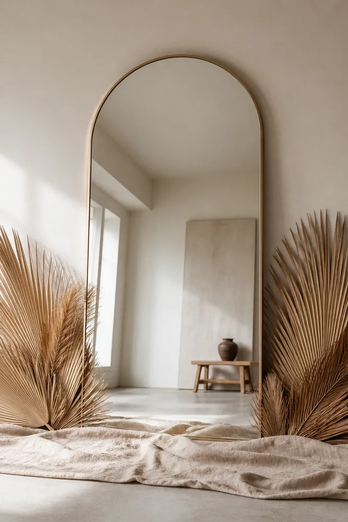 A mirror with a neutral linen runner spread across the floor in front. Dried palm fronds arc upward from the runner, framing the bottom corners of the mirror.