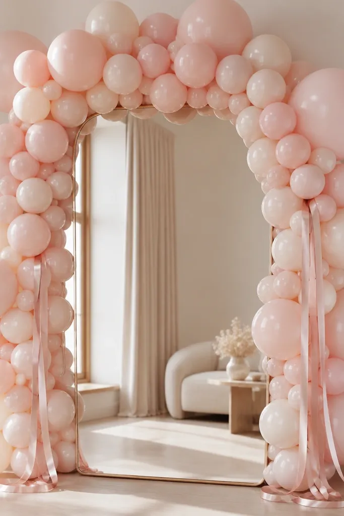A mirror surrounded by a blush balloon garland border. Thin satin ribbons hang from the balloon cluster and settle in soft loops near the sides.