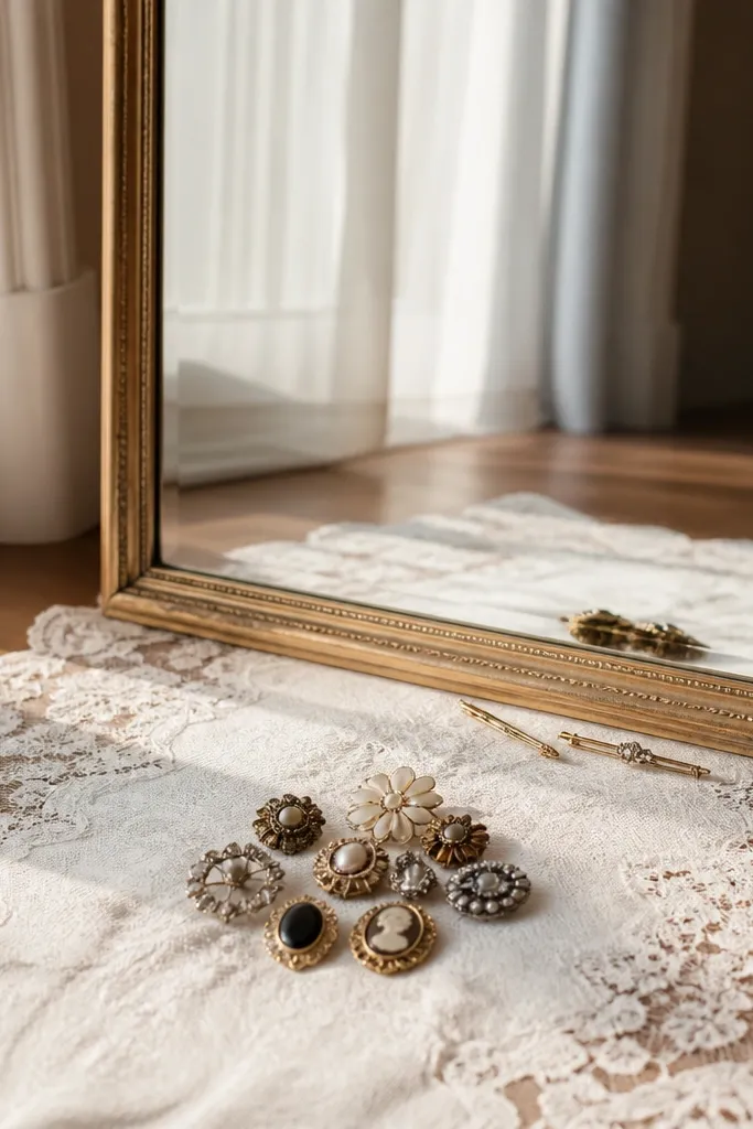 A mirror with a lace table runner spread across the floor in front. A cluster of small vintage brooches sits at the runner's center, with a few brooch pins placed near the mirror base.