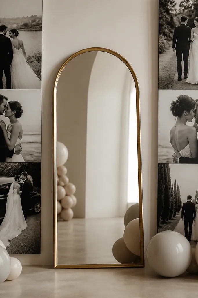 A mirror with a vertical strip backdrop of enlarged black-and-white wedding photos. Neutral balloons sit at the bottom corners. The mirror reflects part of the photo strip and balloon tones.