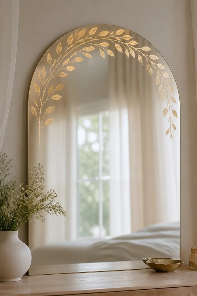 A mirror with a gold leaf-style vinyl decal shaped like a simple arch above it. Sheer tulle border panels wrap around the sides. The vinyl catches light with a subtle shimmer.