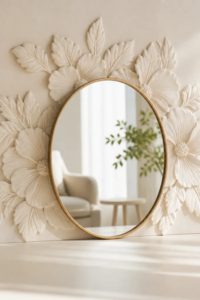 A mirror placed in front of a foam board covered in ivory fabric. Bold floral applique shapes sit on the board, concentrated behind the mirror center. The fabric background looks smooth and photo-ready.