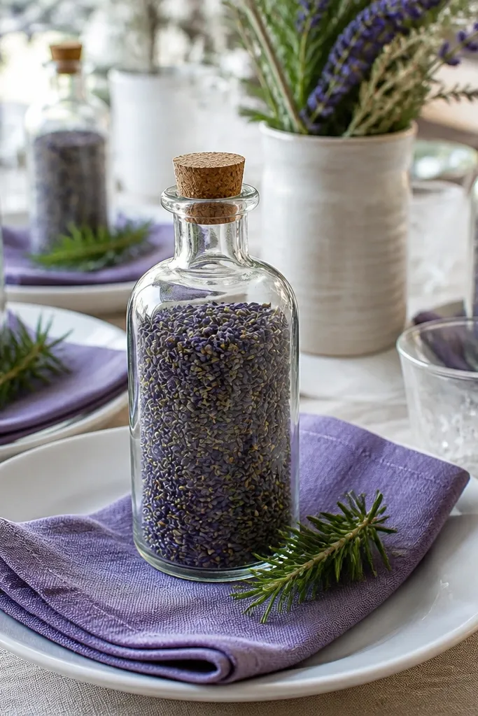 Clear glass bottles filled with dried lavender buds, white plates, lavender napkins folded simply, and small sprigs of rosemary beside each bottle.