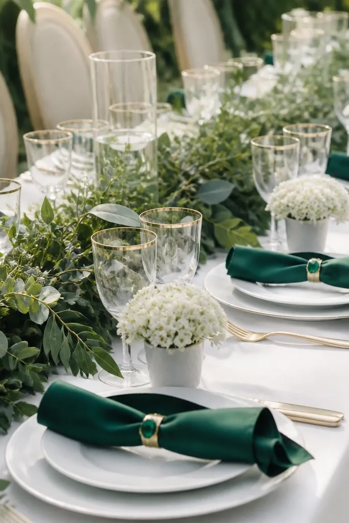 White plates with emerald satin napkin rings, tiny white flower bouquets in small cups at each setting, and a low greenery garland down the table.