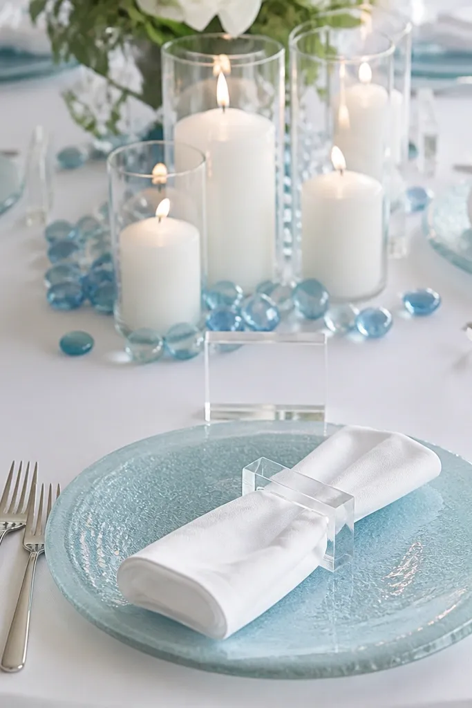 Sea glass blue plates, white napkins, clear acrylic place card holders, and a centerpiece of white candles with scattered blue glass beads.