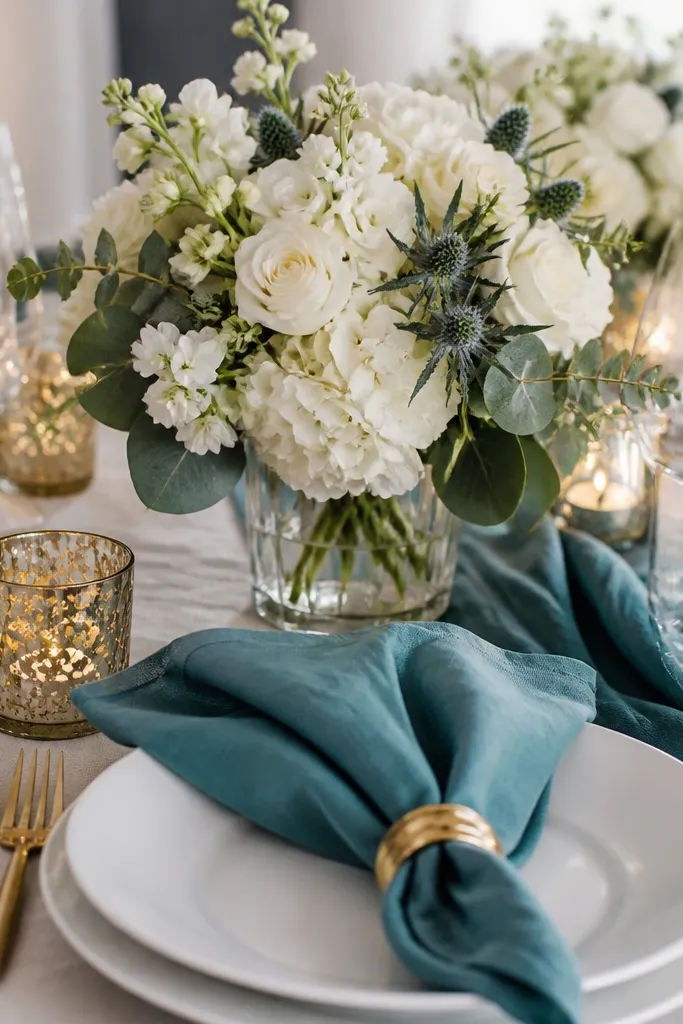 Teal linen napkins on white plates, gold speckled candle holders, and a center arrangement of white flowers with teal accents.