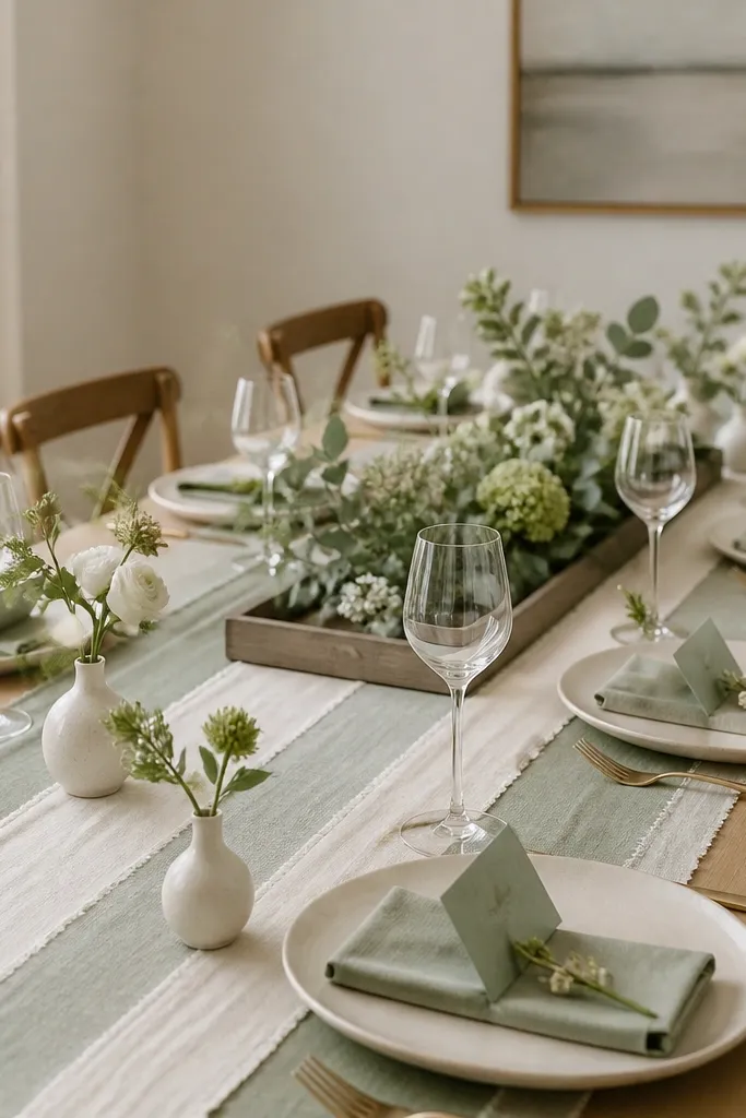 A sage and cream runner, place cards arranged with matching sage accents, small bud vases in cream, and a tray-style centerpiece on the table.
