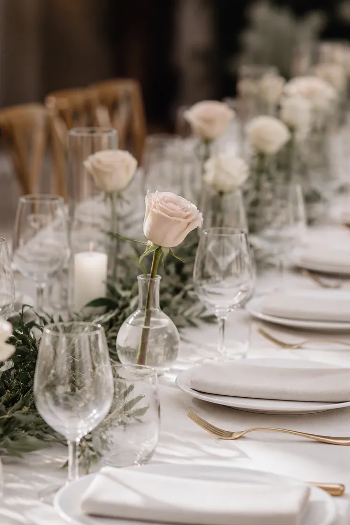 Each place setting has a small bud vase with a single rose, white plates, neutral napkins, and a long center table with minimal greenery.