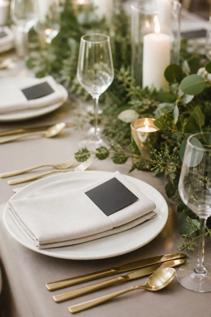 Gold flatware on white plates, napkins folded into pockets holding black menus, and a centerpiece of white candles and greenery.