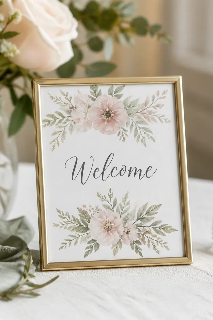 A small frame on a welcome table. Inside is a watercolor-style floral print in muted blush and sage, with the words "Welcome" in dark charcoal on a clean white mat.
