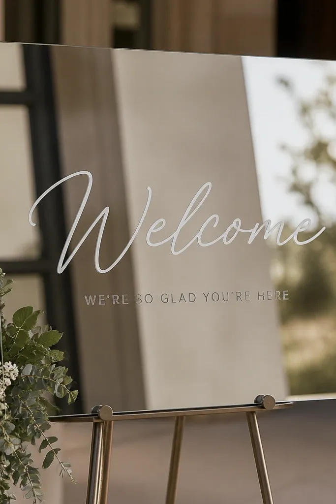 A rectangular mirror acrylic sign on a stand. The word "Welcome" appears in white removable vinyl, with a small line of text below in silver vinyl.