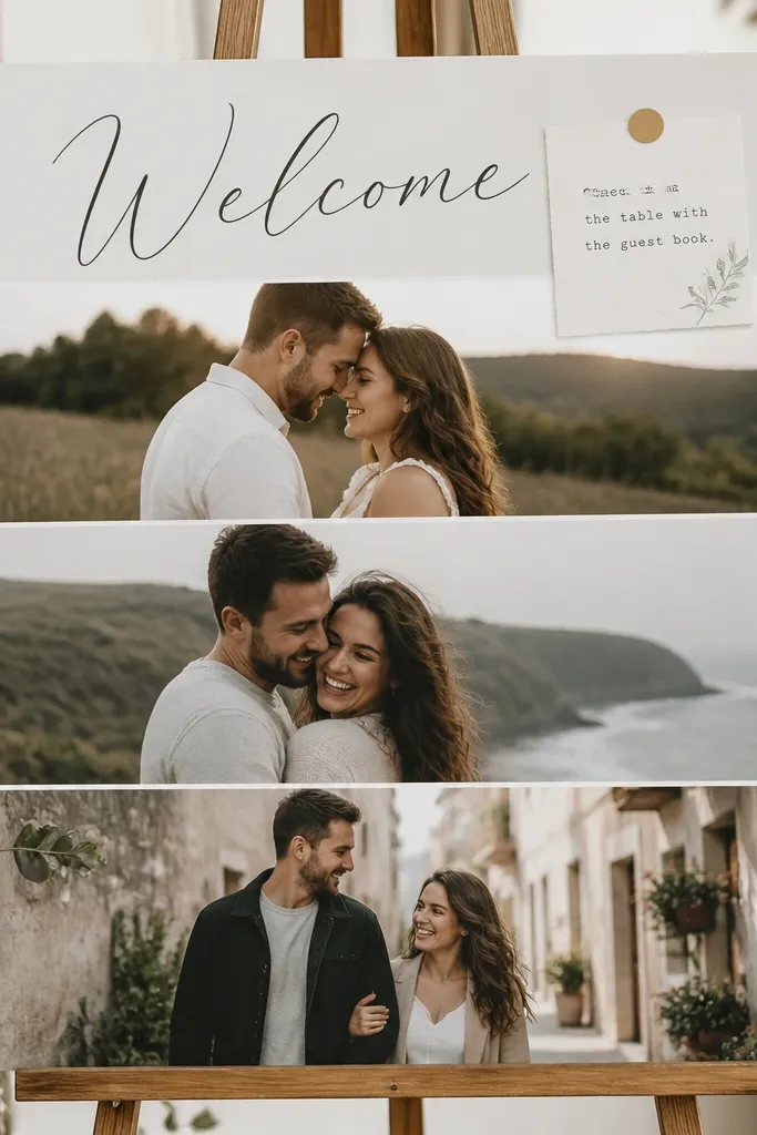 A collage-style welcome sign made from three photo strips of the couple. A white header says "Welcome" and a small printed note reads "Check in at the table with the guest book."