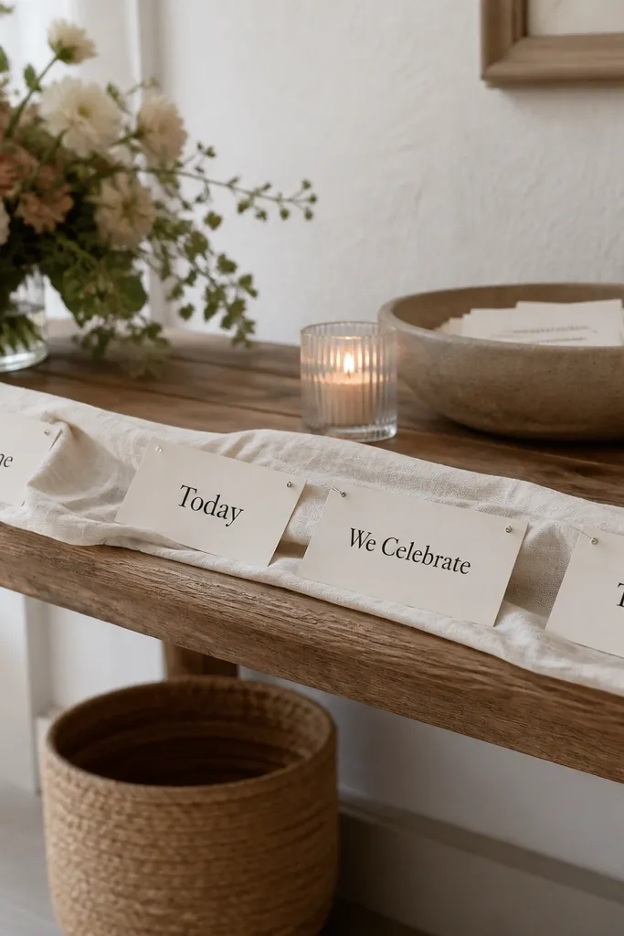 A long fabric ribbon draped across a welcome table with small cardstock strips attached. Each strip has printed words in black: "Welcome," "Today," "We Celebrate," and "Together."