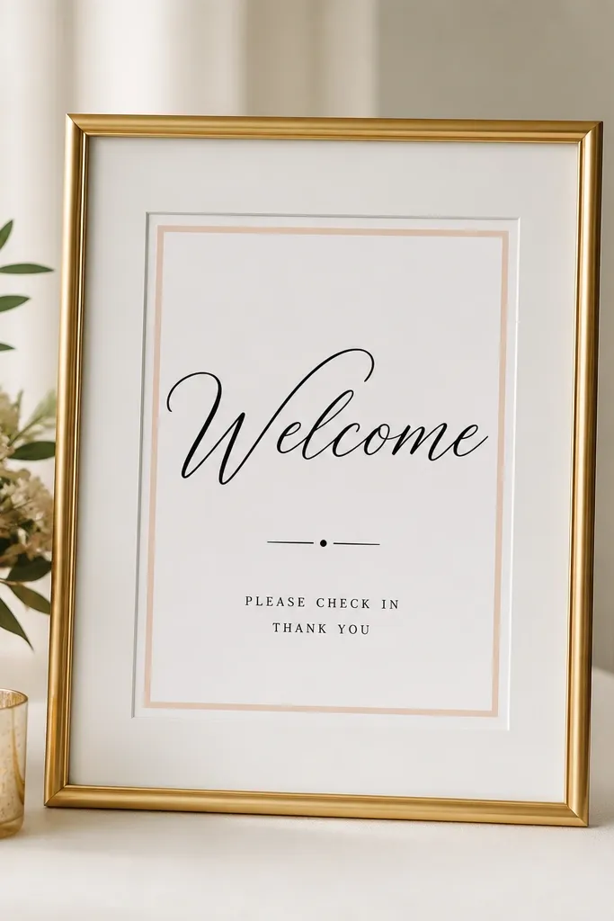 A gold picture frame on a table. Inside, a white mat holds printed script text "Welcome" with a soft blush border line and a small black check-in note.