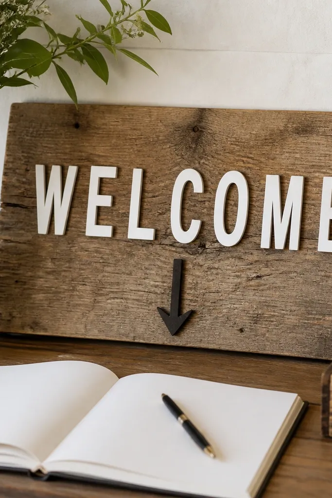 A reclaimed-looking wood board with "WELCOME" spelled in laser-cut wood letters painted white. A small black arrow under the letters points toward a guest book area.