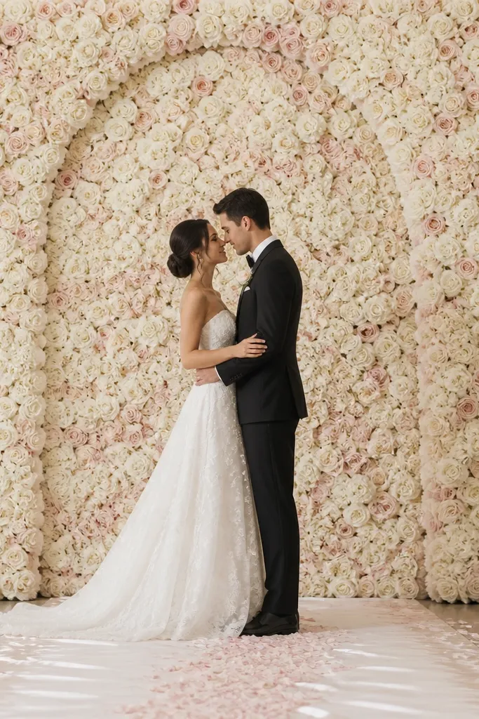 A full backdrop that looks like a rose wall in white and pale blush. Behind the flowers, an arch frame shape is visible only through the silhouette - the top curves higher than the couple's shoulders. The floor shows a narrow ivory satin runner and scattered blush petals in the center.