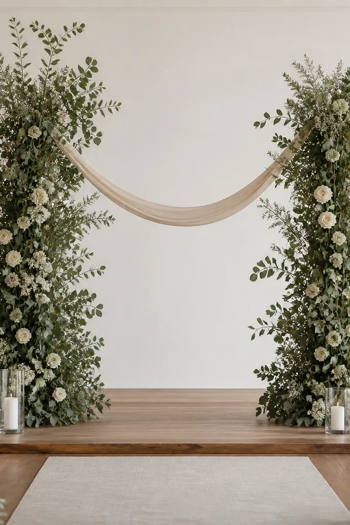 Two tall greenery towers flank the stage, each made of eucalyptus-like leaves and soft cream blooms. Between them, a long ribbon header hangs in a gentle U shape. At the base are clear glass lanterns with white candles, and the floor has a narrow neutral runner.