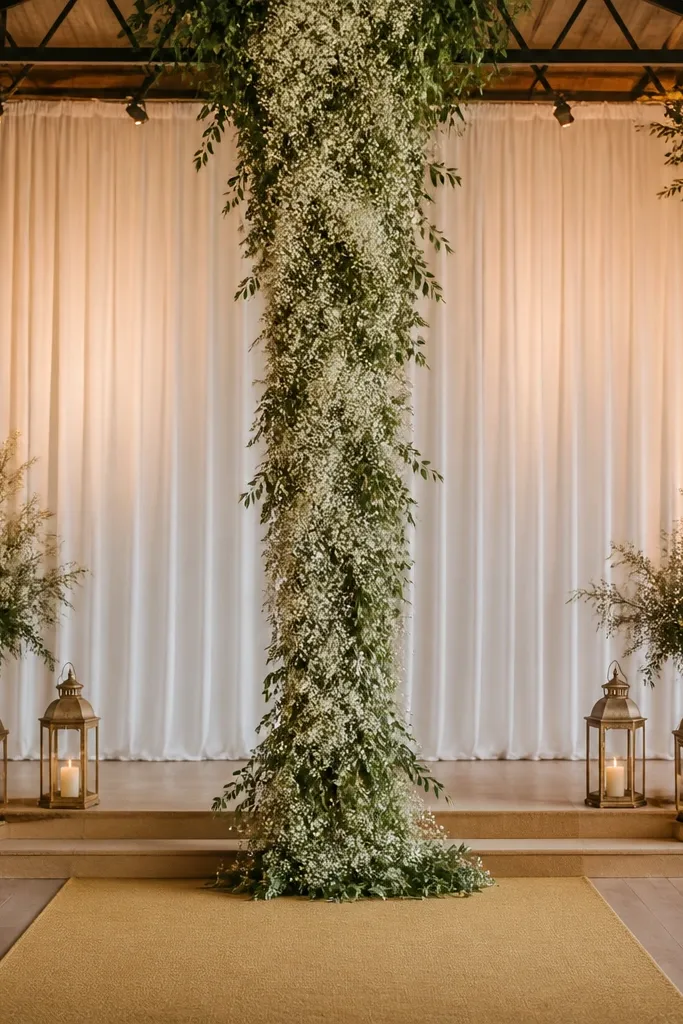 A vertical hanging floral strip descends from the ceiling truss above the center of the stage. It's made of cascading greenery and white baby's breath-like blooms. On both sides, warm lantern lights glow, and the floor has a muted gold runner.