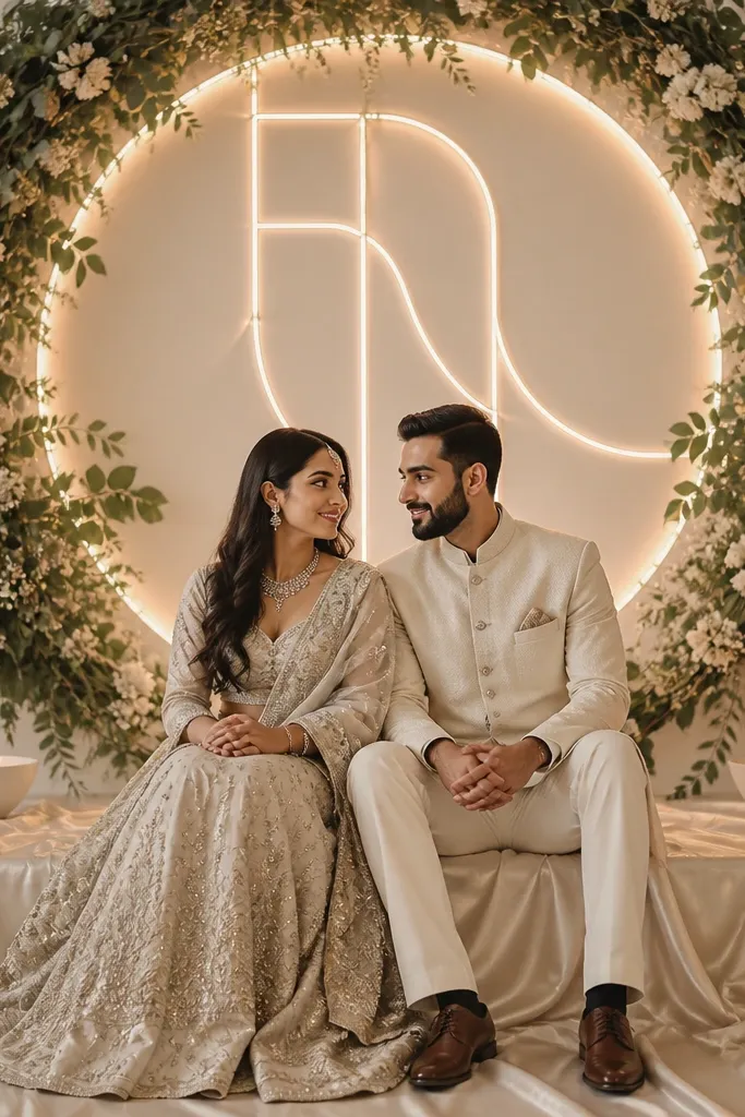 A glowing monogram light panel in warm white stands behind the couple. A halo of eucalyptus and small white blooms wraps around the monogram like a wreath. The stage floor is covered in champagne satin, and two low white candle cups sit at either side.