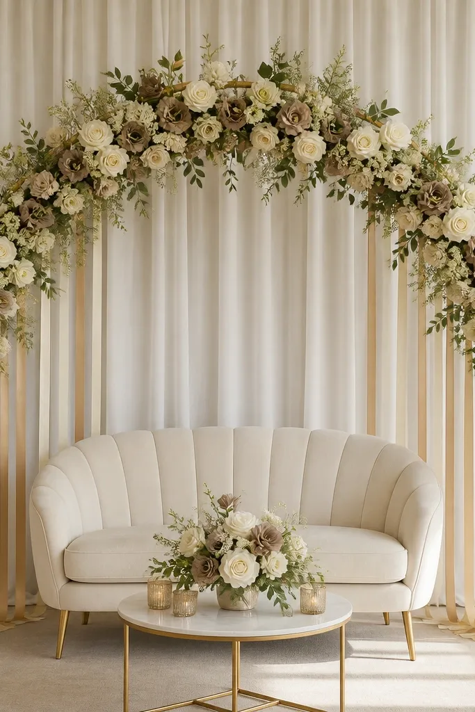 A semicircle floral arrangement in neutral tones sits behind the stage seating area. The flowers include cream roses, taupe lisianthus-like blooms, and soft greenery. Ribbon streamers in ivory and champagne hang from the semicircle edges down toward the floor.