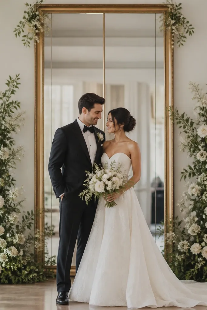A tall rectangular panel with a gold frame sits behind the couple. It has a mirrored center or reflective panel surface. Soft white florals and greenery are arranged in two side clusters, with a small spray at the top corners.